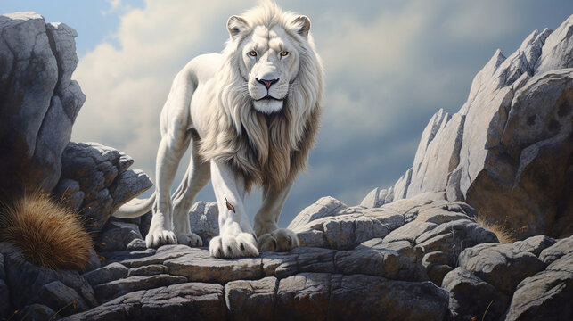 generative AI 3d portrait of white lion on rocks outdoor 