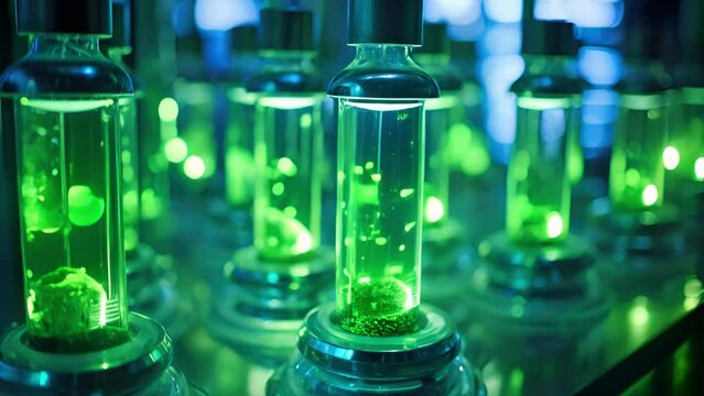 This image showcases an array of bioreactors, each filled with a thick, greenish liquid. The bioreactors are illuminated by ultraviolet lights, creating a visually captivating sight of the