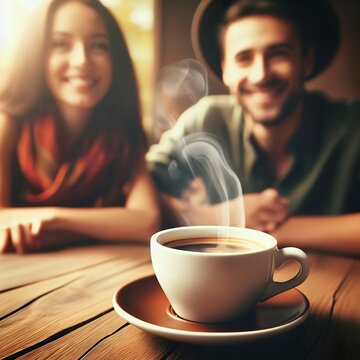 Closeup image of a coffee cup in a cafe. A happy couple drinking coffee. Mug of steaming coffee. Gathering. Advertising for coffee. Commercial. Bokeh background. Generative AI