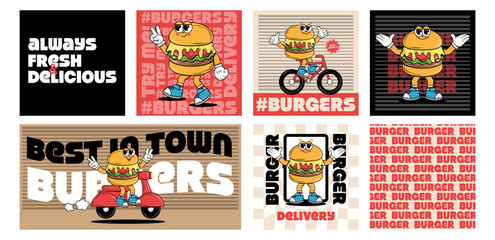 Set of posters with funky cartoon Characters Burgers, Pizza and Drink in groovy style. Retro card for delivery service. Vintage hippie design for bar, restaurant, cafe, social media, posts. Vector