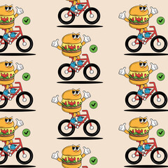 Seamless pattern with funky cartoon Characters Burgers, Pizza, Drink and other elements in groovy style. Retro hippie background for delivery service and burger cafe. Vector vintage art