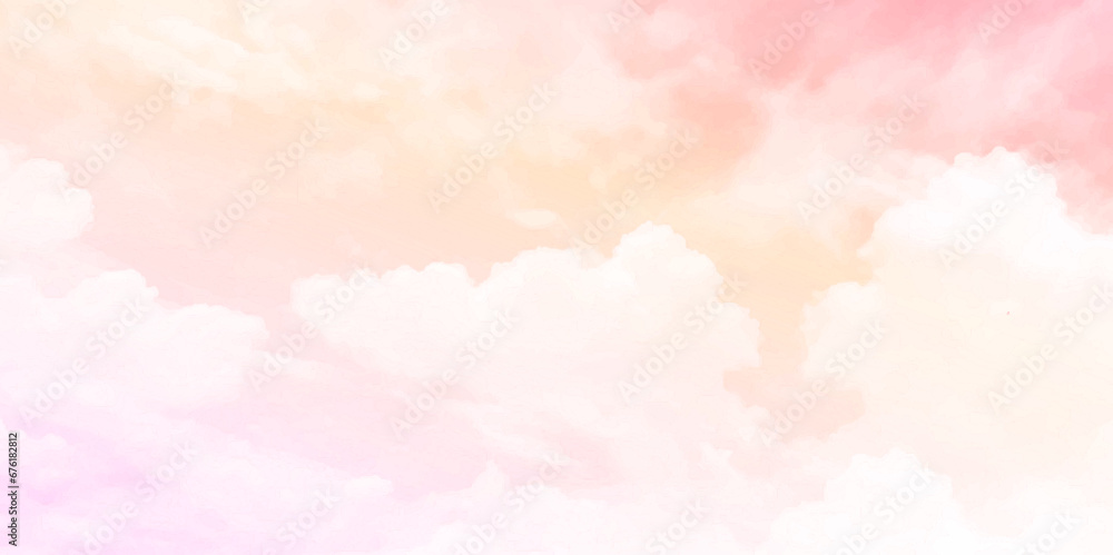 Wall mural beautiful white cloud on pink sky background. pastel pink blue sky with clouds abstract watercolor b