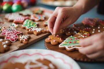 Decorating gingerbread cookies with colorful icing, set against a backdrop of holiday decorations.