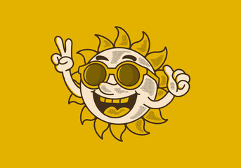 Vintage character illustration of a sun wearing sunglasses