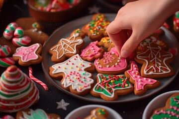 A hand is seen choosing a decorated gingerbread cookie from a selection of festive cookies adorned with colorful icing, placed amidst candy and other Christmas treats.