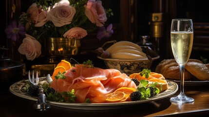 An elegant dish of cured salmon slices garnished with fresh herbs, orange slices, and blackberries, accompanied by a glass of champagne and a backdrop of roses.