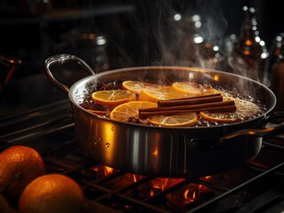 A pot of mulled wine simmers on the stove, with steam rising from the mixture of orange slices and cinnamon sticks, creating a cozy, aromatic ambiance. - obrazy, fototapety, plakaty