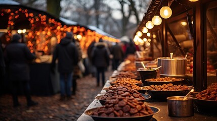  the lively atmosphere of a food stall at a Christmas market, with assorted sweets on display and...
