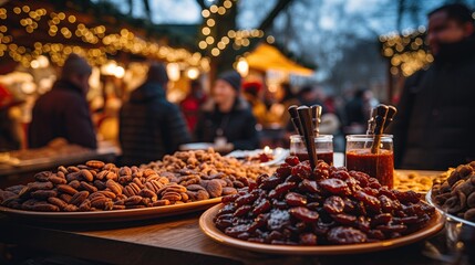 a food stand at a Christmas market, offering a variety of nuts and glazed fruits, with shoppers and festive lighting in the background creating a vibrant evening scene.