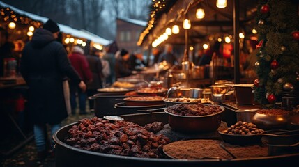 A bustling holiday market with large pans of traditional foods and sweets, under festive lights and decorations.