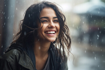 AThe portrait of a happy girl in a bright yellow, orange, pink, black raincoat smiles and laughs in a rainy city view. Generative AI.