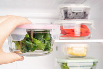 Female hand holds a glass box with spinach on the background of refrigerator with other containers.