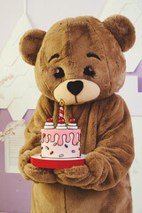 bear costume with a festive cake in his hands