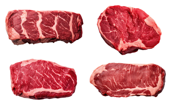 Pieces of beef isolated on transparent background, top view