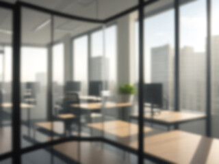 Fototapeta premium Blurred image of mordern office with sunlight for background usage. Blur interior background concept.