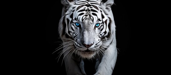 The isolated white tiger with its captivating blue eyes stands out against a black background showcasing its powerful energy and fierce nature in this stunning portrait - Powered by Adobe