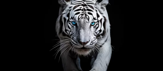 Zelfklevend Fotobehang The isolated white tiger with its captivating blue eyes stands out against a black background showcasing its powerful energy and fierce nature in this stunning portrait © TheWaterMeloonProjec