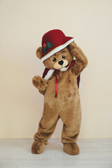 bear costume in christmas outfit for celebration