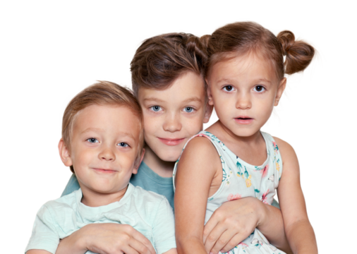 the older brother is now hugging his younger siblings on a white background - Powered by Adobe