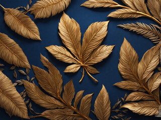 Beautiful luxury dark blue textured 3D background frame with golden and blue tropical leaves. 