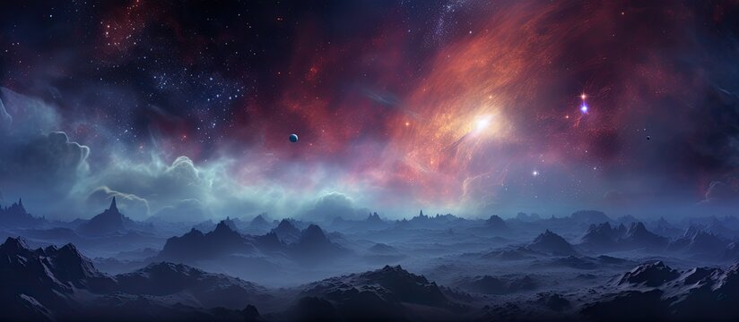 The HDRI illustration of a nebula background with textured sky and nature presents a captivating blend of light and space unveiling the wonders of the mysterious black science behind galaxi