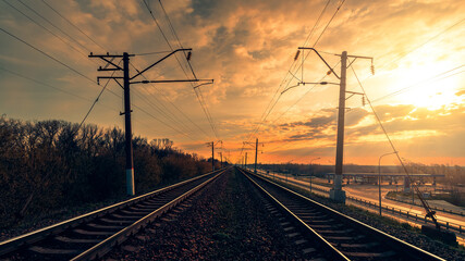 Railway rails at summer morning. Travel concept.