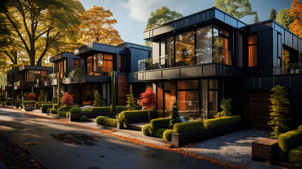 Street of new townhouses. Modern townhouse with garden. Modern privat houses. Suburban houses. Neighbourhood of luxury houses with street road. individual Houses - Real estate concept Buildings - Ai - obrazy, fototapety, plakaty