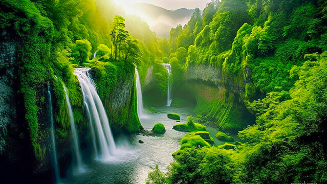 beautiful waterfall in the valley