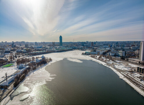 Embankment of the central pond and Plotinka. The historic center of the city of Yekaterinburg, Russia, Aerial View