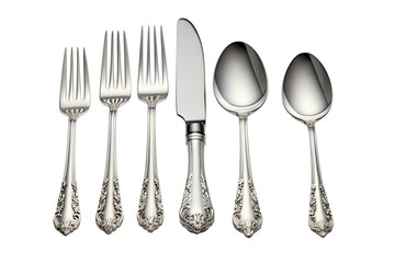 Silver cutlery set isolated on white background - obrazy, fototapety, plakaty
