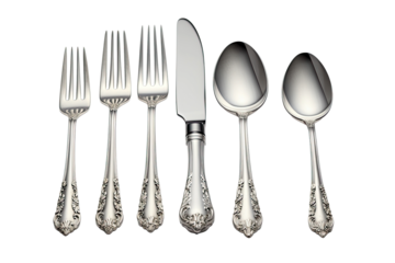 Silver cutlery set isolated on white background