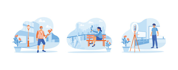 Content Creator concept. Young male vlogger travels. Women are making daily vlogs and explaining something while being recorded. set trend modern vector flat illustration