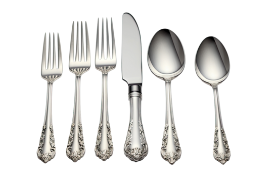 Silver cutlery set isolated on white background