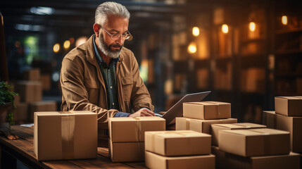 man in warehouse with packaging boxes - Small business aspiring entrepreneur - A business owner handle the parcel packages - Ai - obrazy, fototapety, plakaty