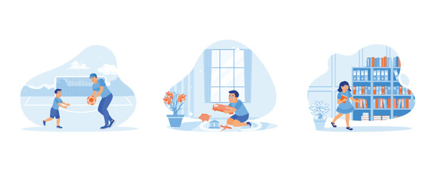 Obraz premium Children's concept. Father and son playing football. Children playing with cars at home. The little girl is in the school library. set trend modern vector flat illustration