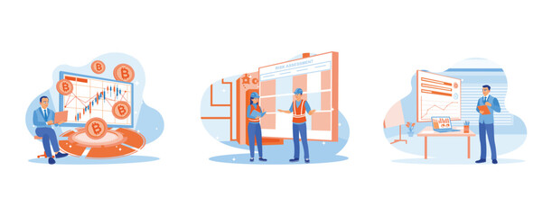 Finance control scenes concept. Floating Gold Bitcoin. Industrial risk assessment and safety audit. Smart boss in a blue suit look. set trend modern vector flat illustration