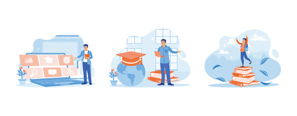 Distance education internet technology. Graduation hat over globe map. Education concept. set trend modern vector flat illustration
