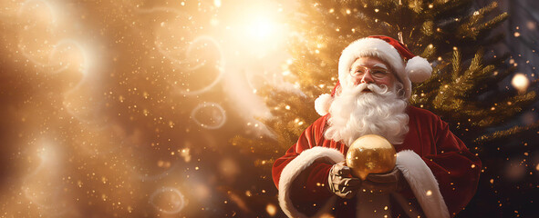 Merry Christmas. Santa Claus holds a golden Christmas ball in his hands. Banner. Copy space. Generated by Ai. Edited in Photoshop