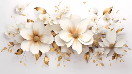 Zelfklevend Fotobehang Spring flowers on a white background. White and gold flowers on a white background. Background. Wallpaper. Banner. Generated AI. Photoshop improved © Infinity