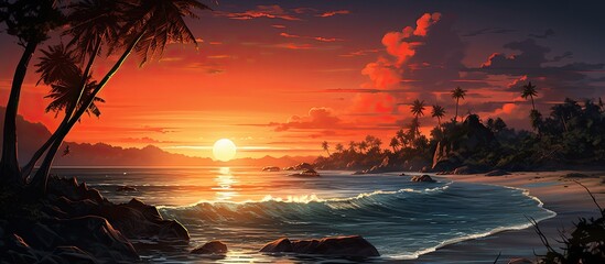 The orange hues of the sunset paint a beautiful landscape as the light reflects off the water creating a breathtaking sight against the picturesque beach where the sky meets the ocean and th - obrazy, fototapety, plakaty