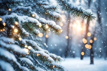 Model for Christmas cards. Christmas tree branches with lights on them against a winter snow woodland background