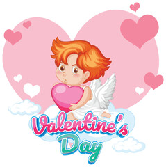 Cute Angel Cartoon Character Holding Heart with Valentine's Day Text Banner