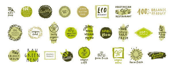 Vector retro set of 100% bio, organic, gluten free, eco, healthy food labels. Hand drawn logo templates. Vintage elements for restaurant menu or organic food package. Health food badges, hipster style - 676185605