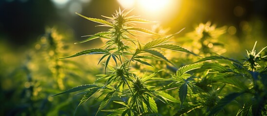 The lush green grass in the background adorned with golden sunrays highlighted the vibrant green leaves of the cannabis plant symbolizing the natural health benefits of this medicinal herb a - obrazy, fototapety, plakaty