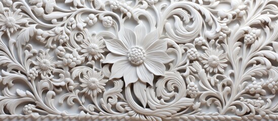 The intricate Indian ornament inspired by the old stone structures of India adds a touch of elegance and cultural richness to the white marble background creating a mesmerizing pattern resem - Powered by Adobe