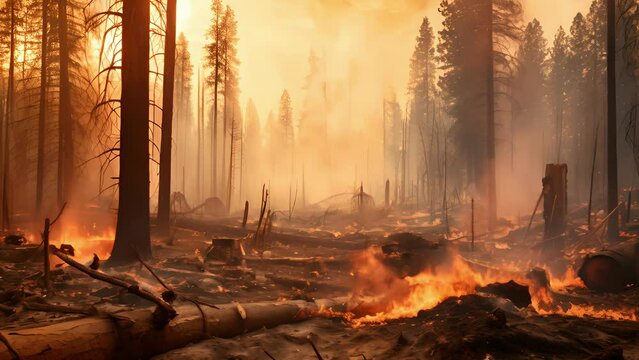 A powerful image of a forested area in the throes of a wild fire a consequence of drier conditions as a result of climate change, releasing more carbon into the atmosphere.