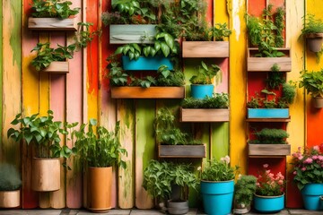 Fototapeta na wymiar Wooden potted plants and flowers against a vibrantly painted background. Eco-friendly vertical garden and green wall. Plants in pots in the backyard garden
