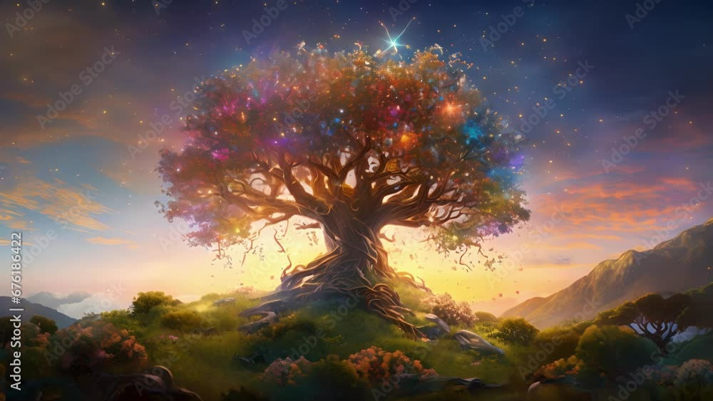 Aufkleber an ancient tree in the middle of a wild meadow filled with with colorful wildflowers spreads its man