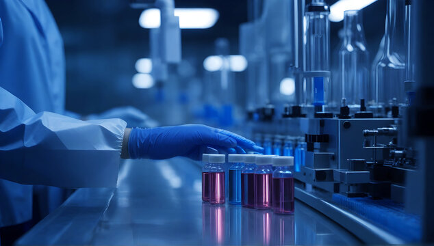 transparent glass test tubes with colored liquid sample for testing while placed on table with glassware against blurred scientific laboratory