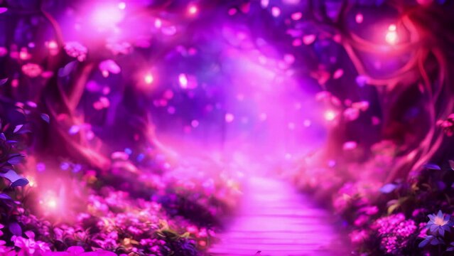 An enchanted forest path with a canopy of luminous purple and pink flora that glows in the starlight.